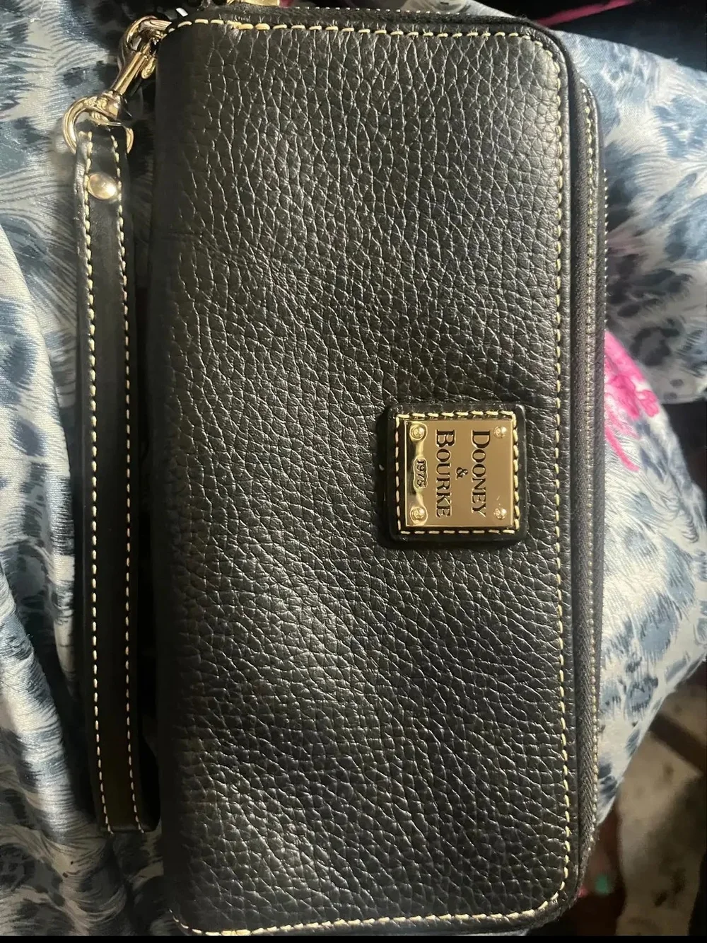 Dooney & Bourke Black Pebbled Leather Zip Wristlet with Gold Plaque
